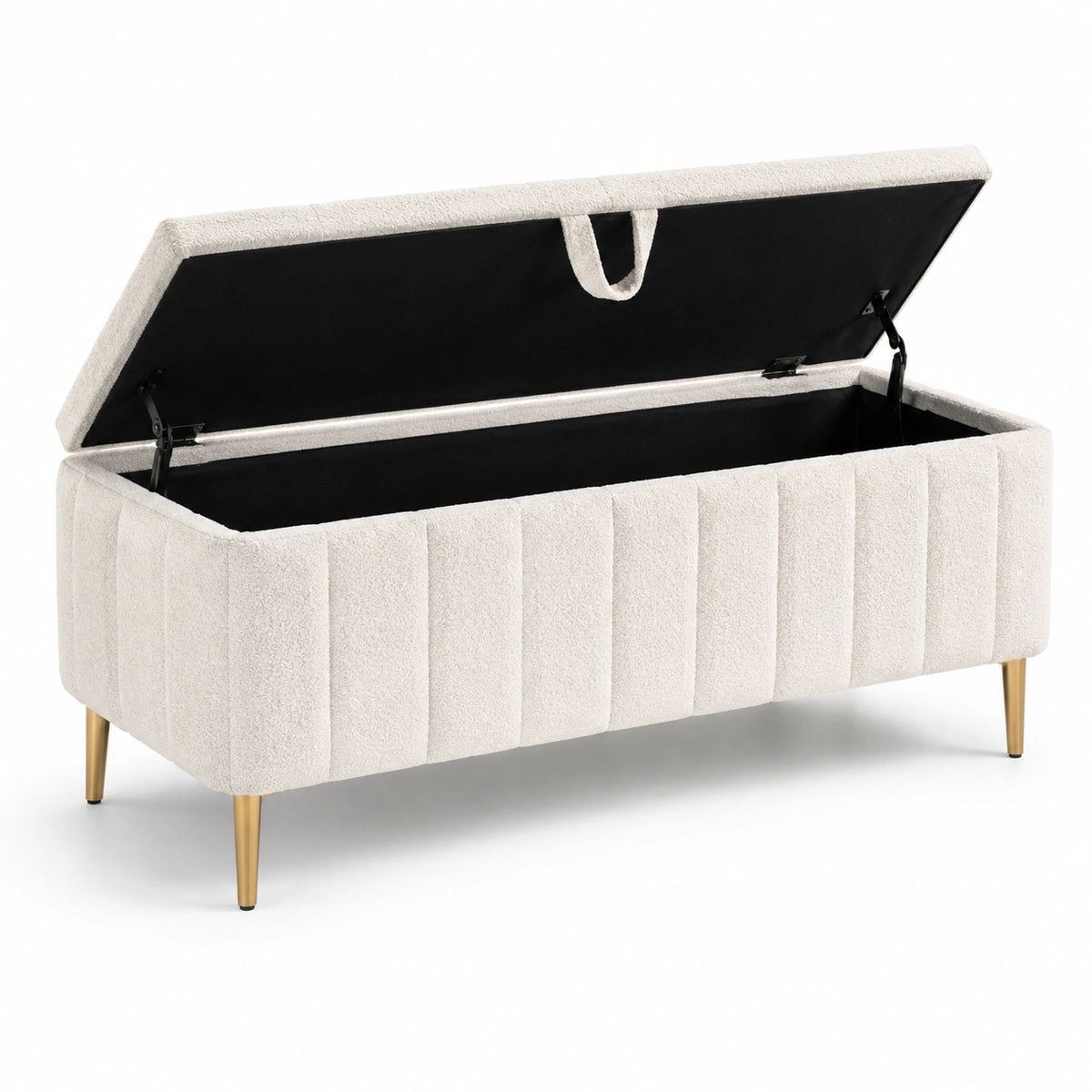 Sitzbank mit Stauraum und Klappdeckel, Bouclé-Bezug in Creme, 120 × 42 × 48 cm