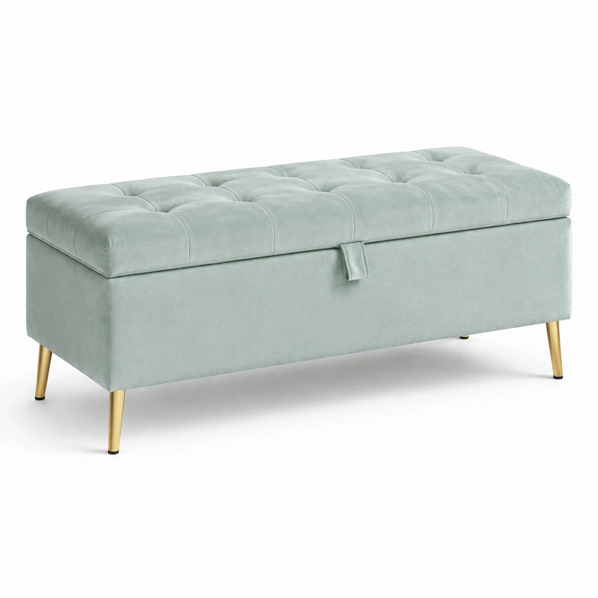 Gepolsterte Sitzbank mit Stauraum, 110 × 45 × 46 cm, Samt in Mintgrün, goldfarbene Metallbeine