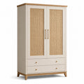 Kleiderschrank mit Rattangeflecht, 2 Türen und 2 Schubladen, 100 × 50 × 180 cm, Cremeweiß/Naturholz/Gold