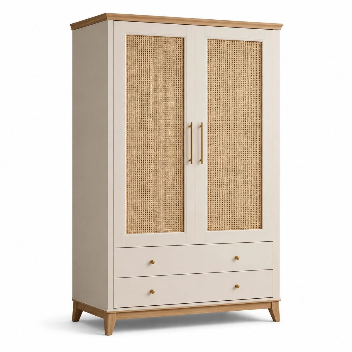 Kleiderschrank mit Rattangeflecht, 2 Türen und 2 Schubladen, 100 × 50 × 180 cm, Cremeweiß/Naturholz/Gold