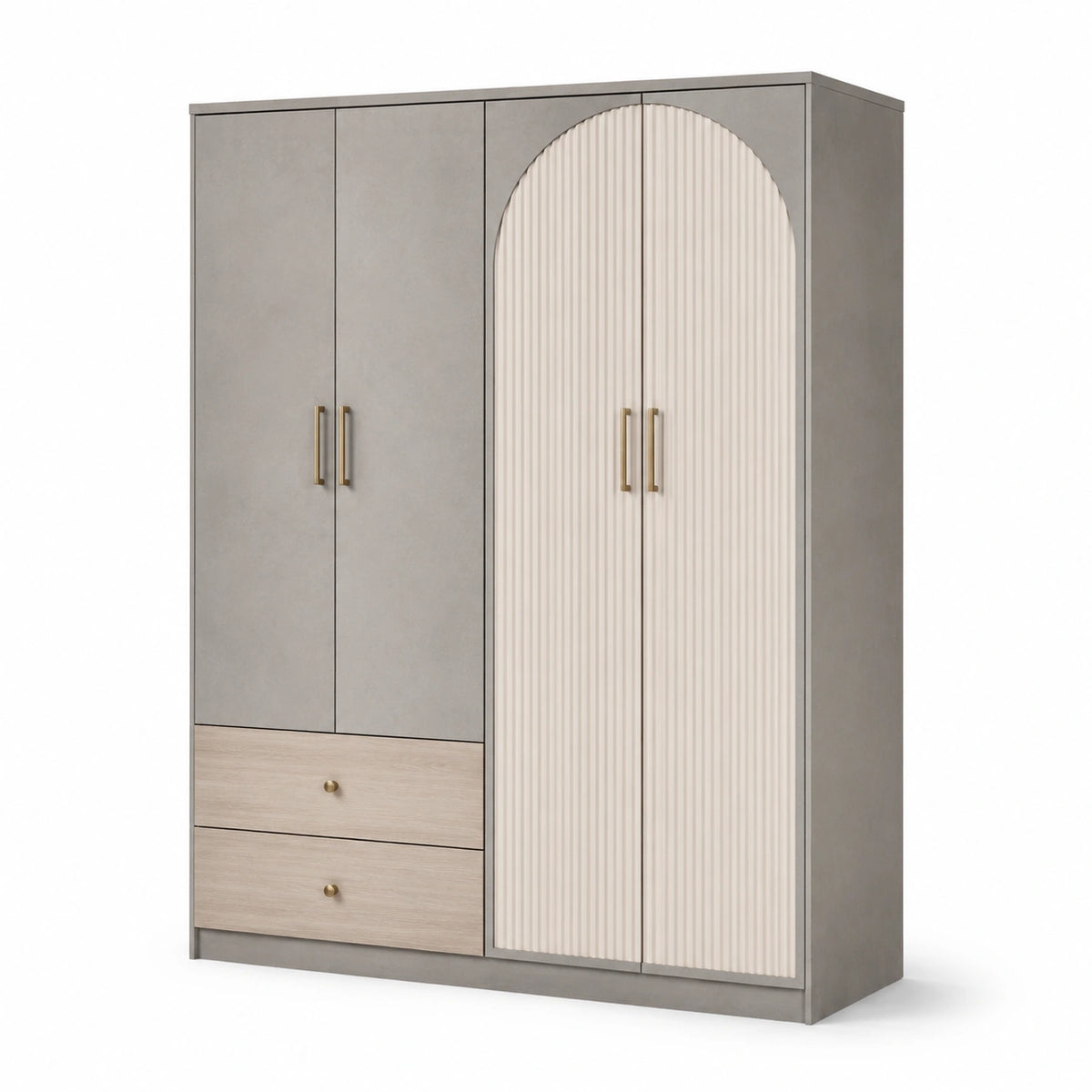 Moderner Kleiderschrank aus Holzwerkstoff in Grau und Beige, 160 × 55 × 200 cm, 4 Türen und 2 Schubladen