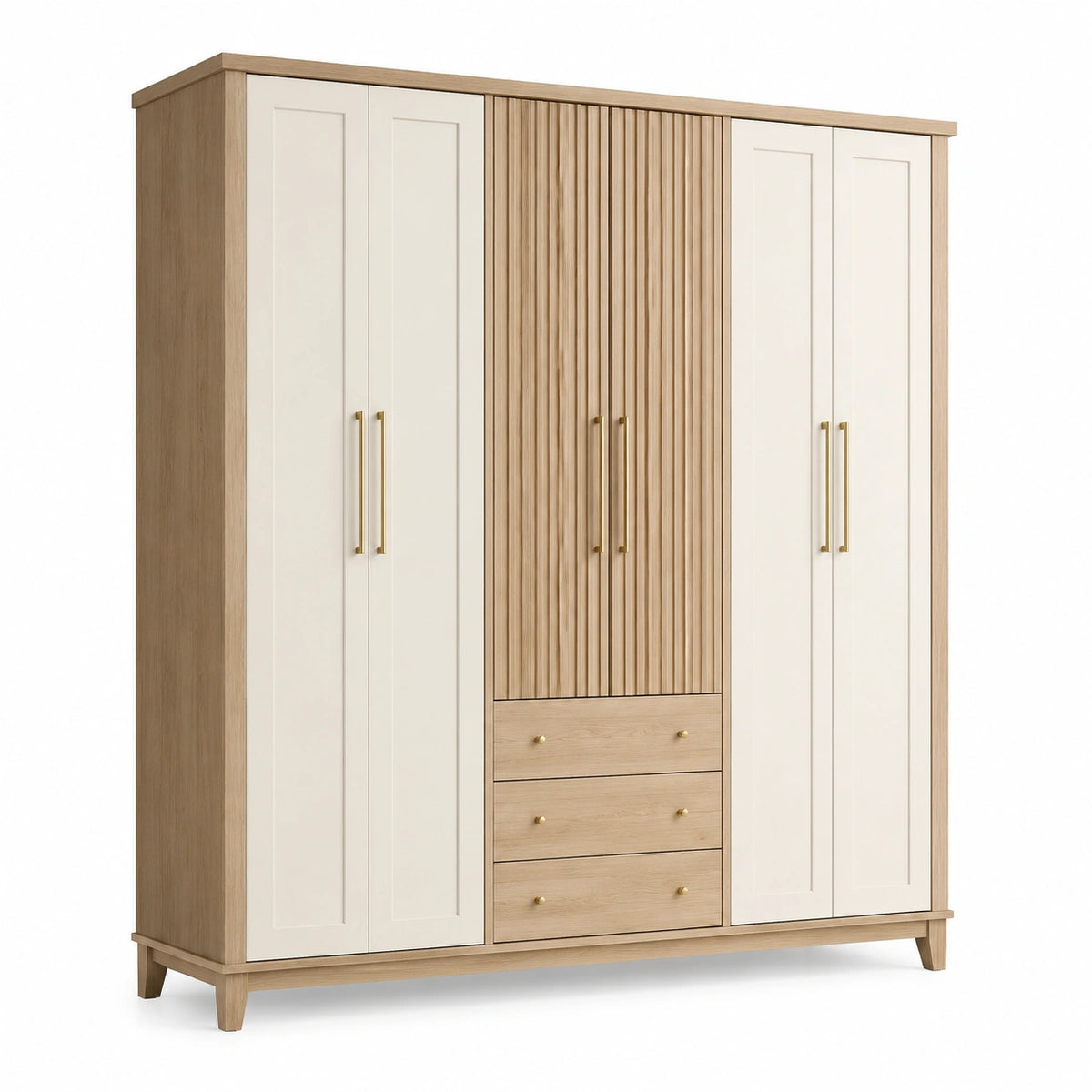 Kleiderschrank mit 6 Türen und 3 Schubladen, Eiche Natur, Creme und Gold, 200 × 55 × 220 cm, moderner Landhausstil