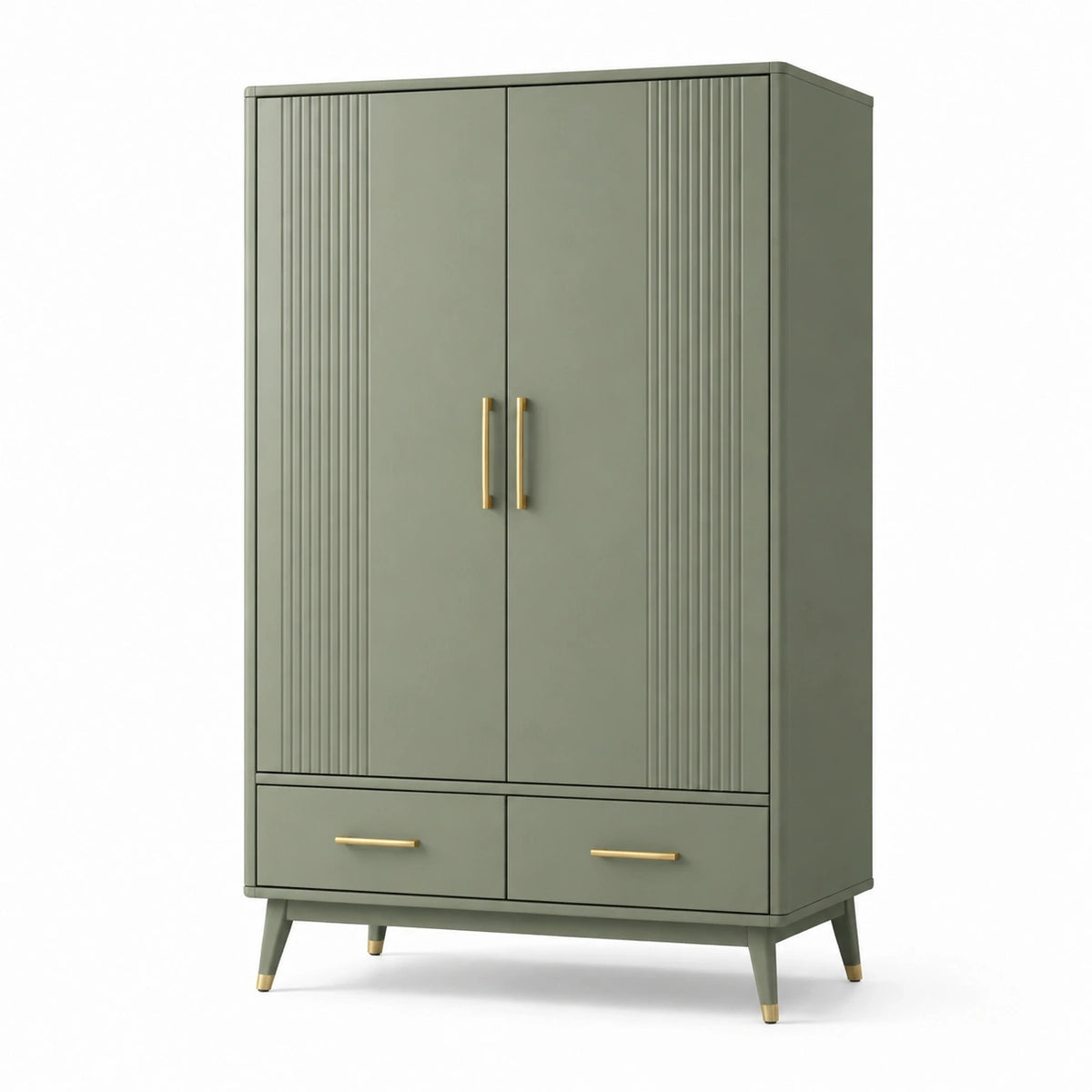 Kleiderschrank aus Holzwerkstoff, Olivgrün/Gold, 100 × 55 × 180 cm, 2 Türen und 2 Schubladen, geriffelte Front
