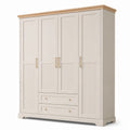 Kleiderschrank im Landhausstil mit 4 Türen und 2 Schubladen, 200 × 55 × 220 cm, Cremeweiß/Naturholz/Gold
