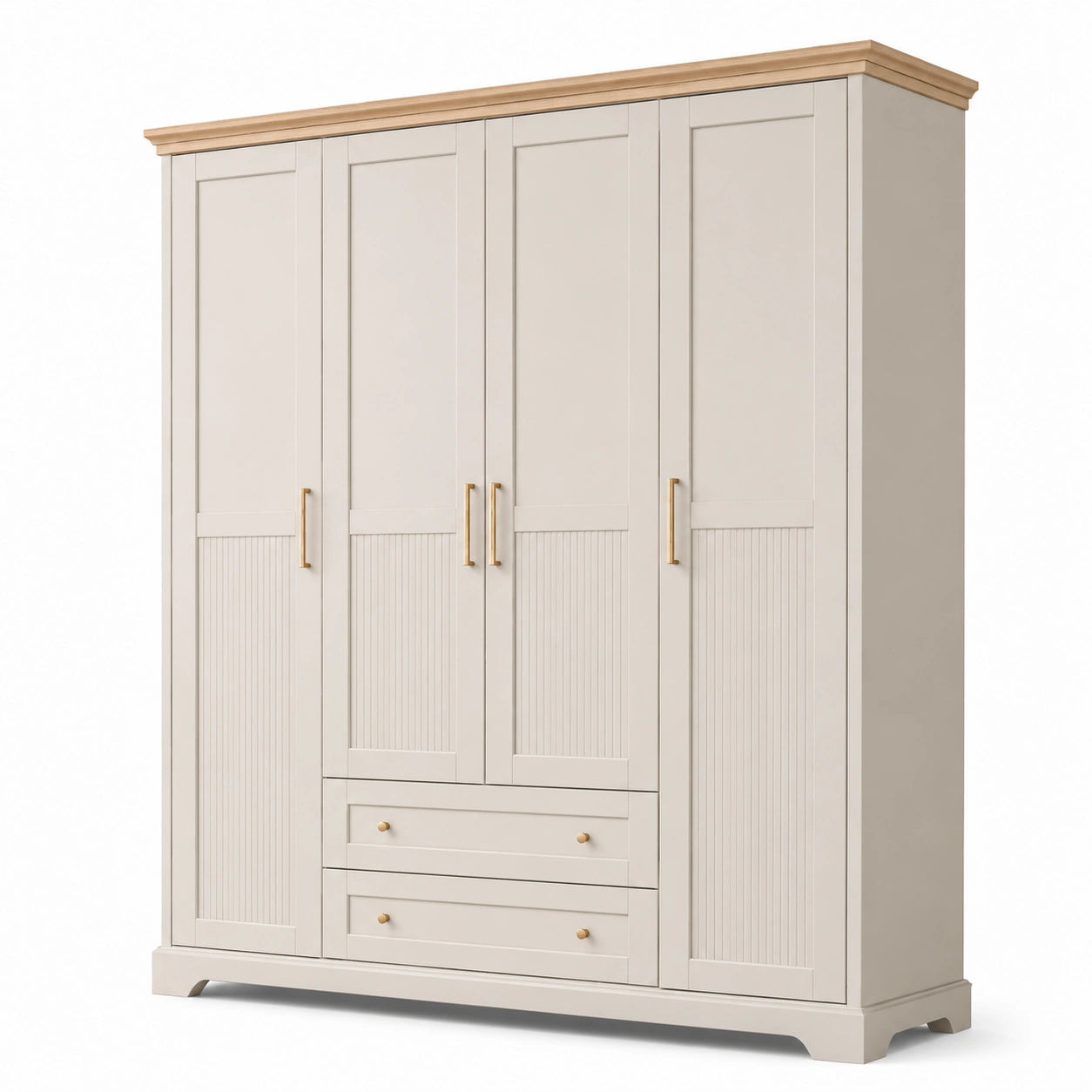 Kleiderschrank im Landhausstil mit 4 Türen und 2 Schubladen, 200 × 55 × 220 cm, Cremeweiß/Naturholz/Gold
