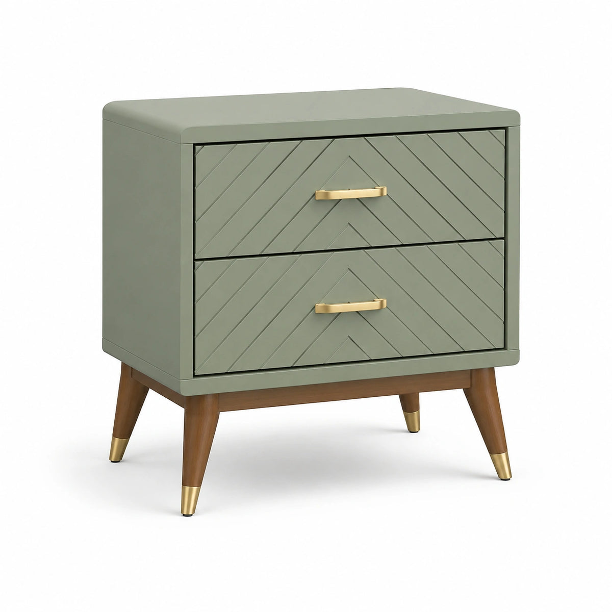 Nachttisch mit 2 Schubladen, Salbeigrün/Braun/Goldfarben, 60 × 40 × 65 cm, Mid-Century-Stil