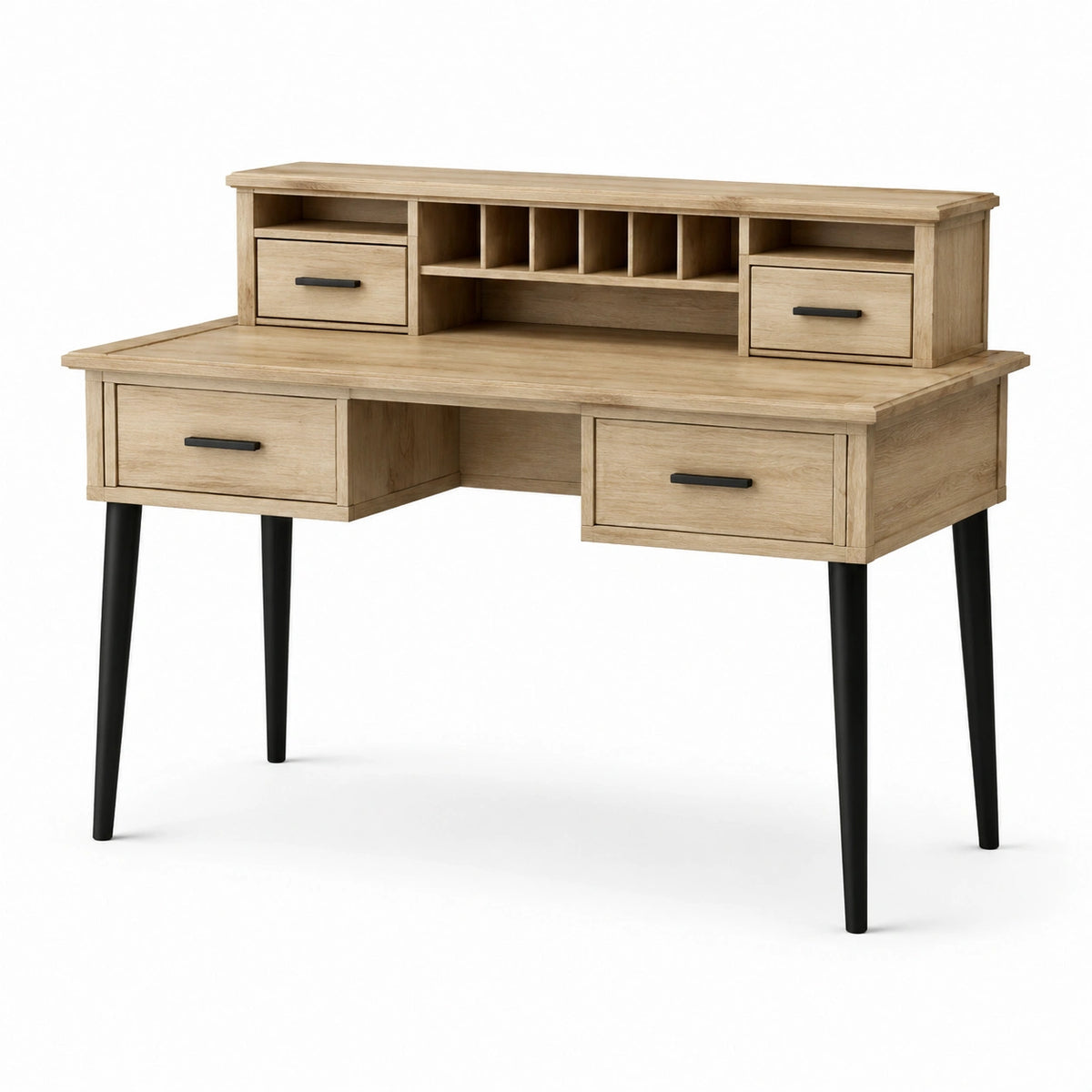 Schreibtisch mit Aufsatz, 4 Schubladen und offenen Ablagefächern, 120 × 60 × 110 cm, Eichefarben/Schwarz