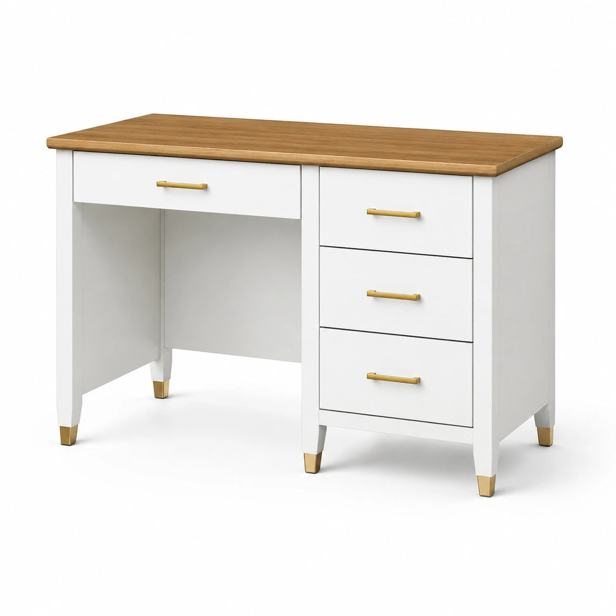 Moderner Schreibtisch mit 4 Schubladen, 120 × 50 × 76 cm, Weiß/Eichefarben/Goldfarben