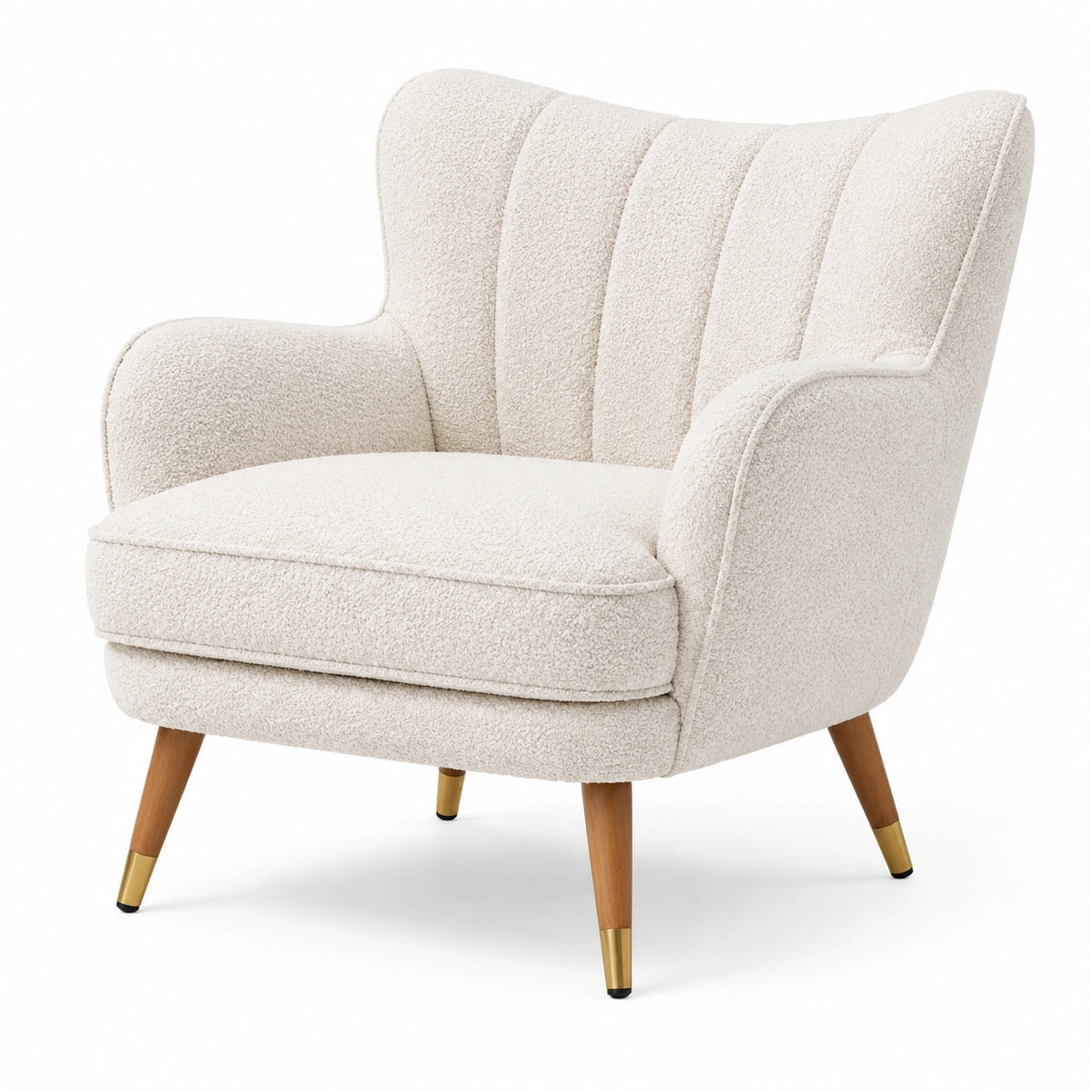 Bouclé-Sessel in Creme mit braunen Holzbeinen und goldfarbenen Details, 84 × 82 × 88 cm, Retro-Stil
