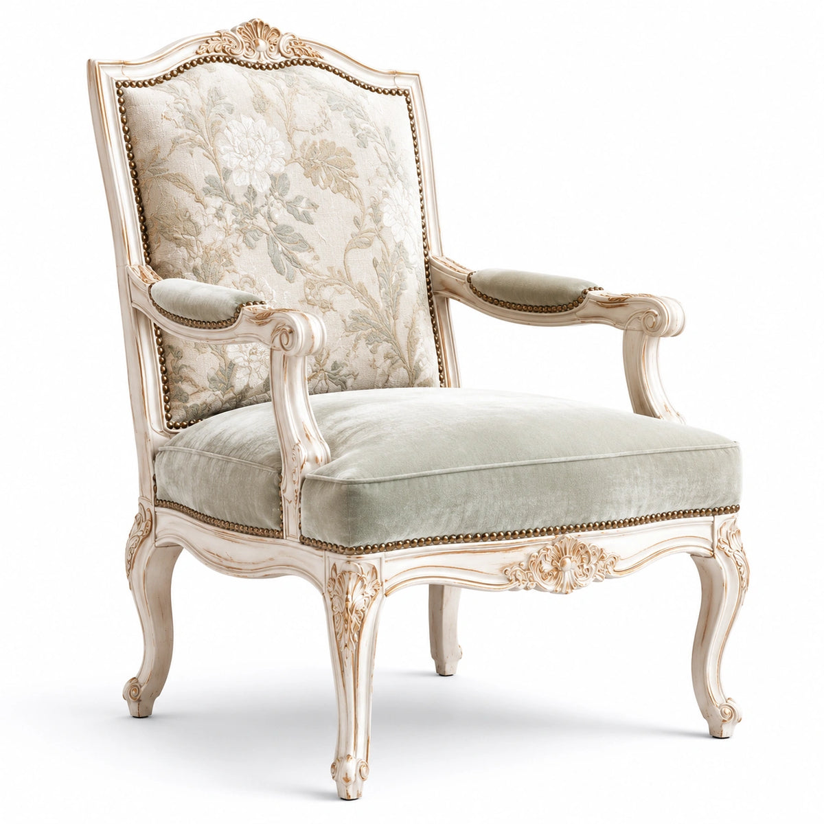 Klassischer Polstersessel mit Armlehnen, 75 × 82 × 105 cm, Creme/Beige/Grün/Gold