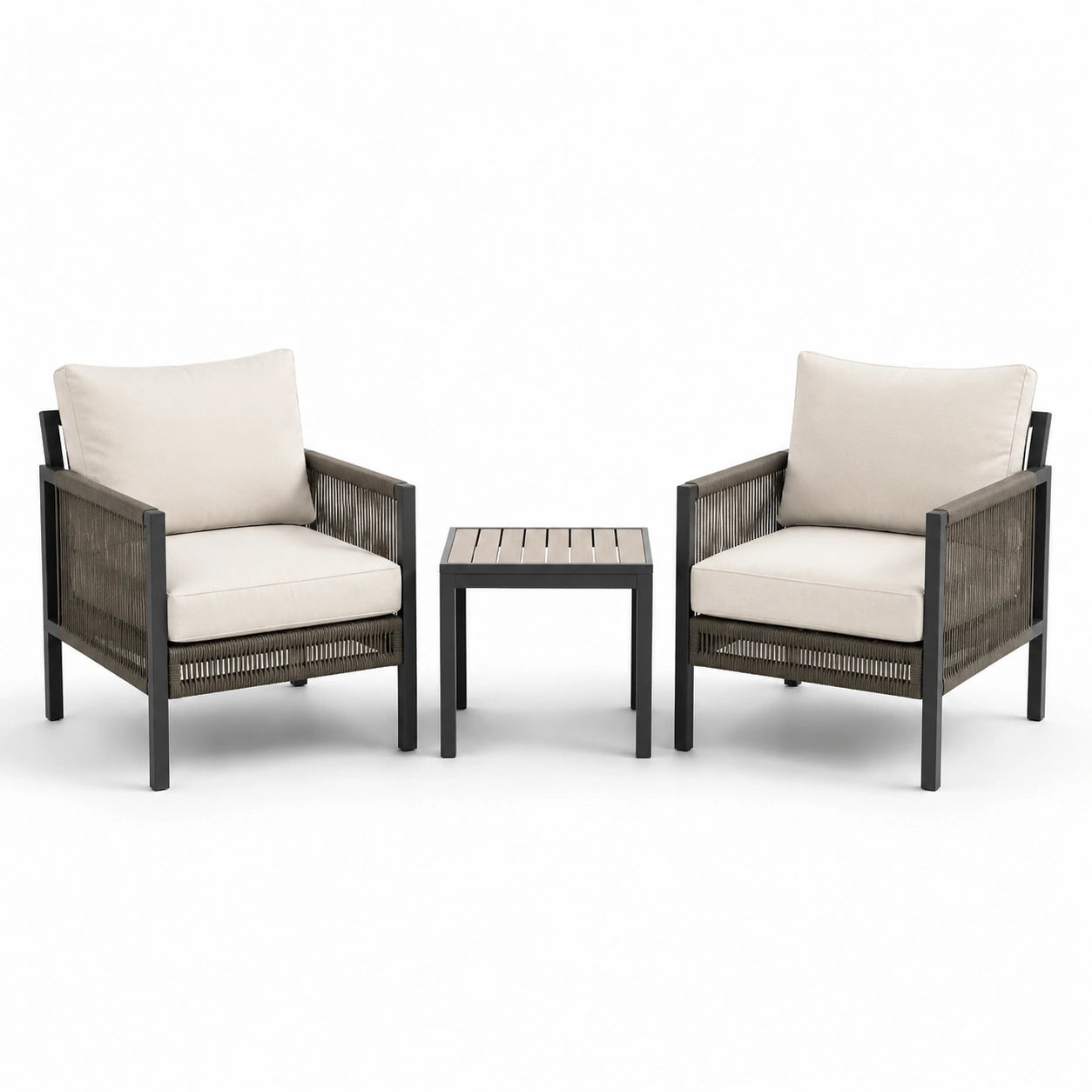 3-teilige Gartensitzgruppe mit 2 Sesseln 75 × 78 × 82 cm und Beistelltisch 45 × 45 × 45 cm, Beige/Anthrazit/Grau