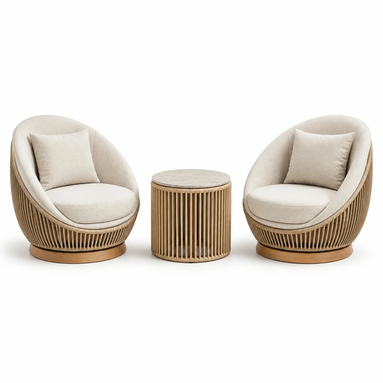 3-teiliges Lounge-Set Beige/Naturbraun/Creme mit 2 Sesseln 90 × 88 × 86 cm und Tisch Ø 55 × 55 cm