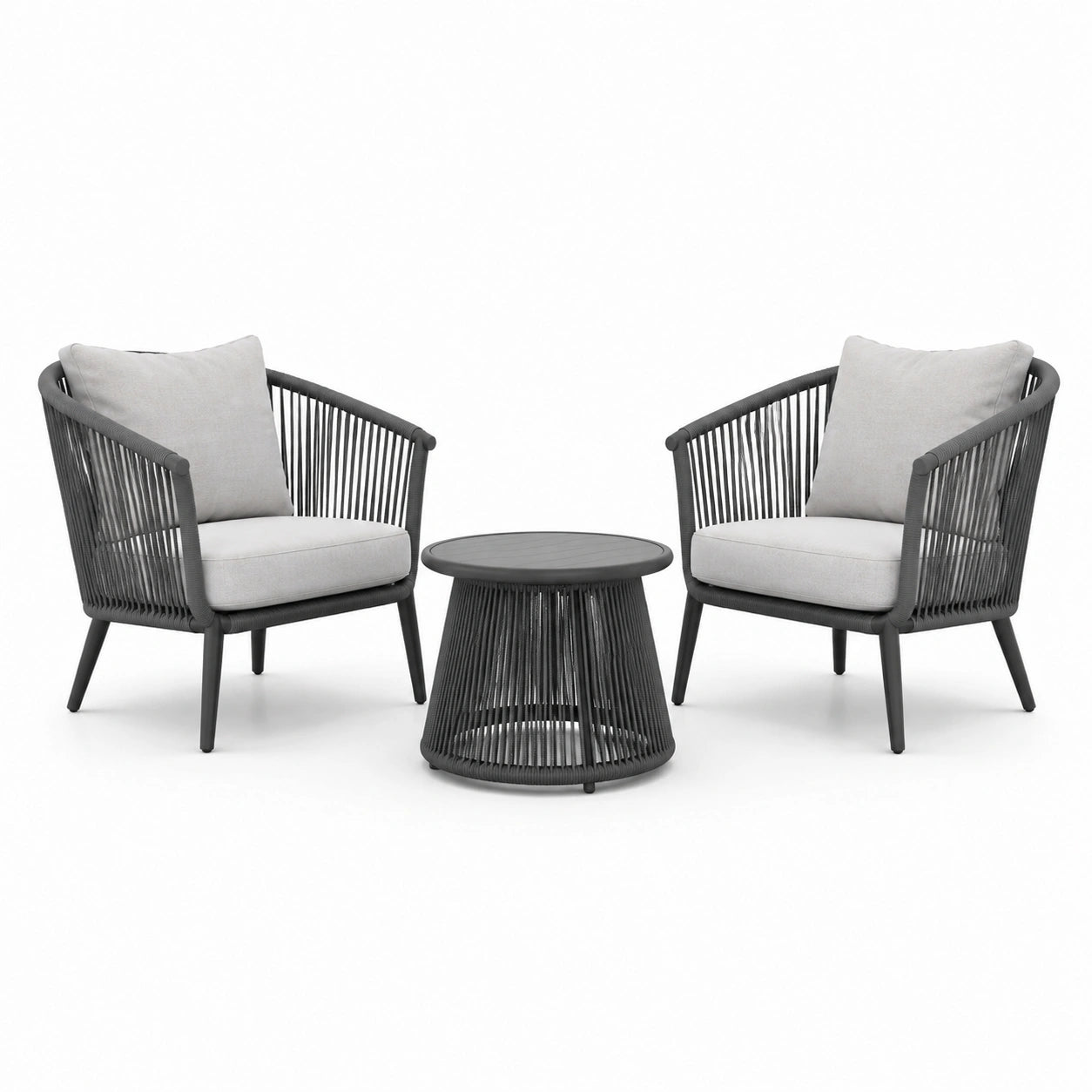 3-teiliges Gartenmöbel-Set in Anthrazit/Hellgrau, 2 Sessel je 74 × 76 × 84 cm und Tisch Ø 60 × 45 cm