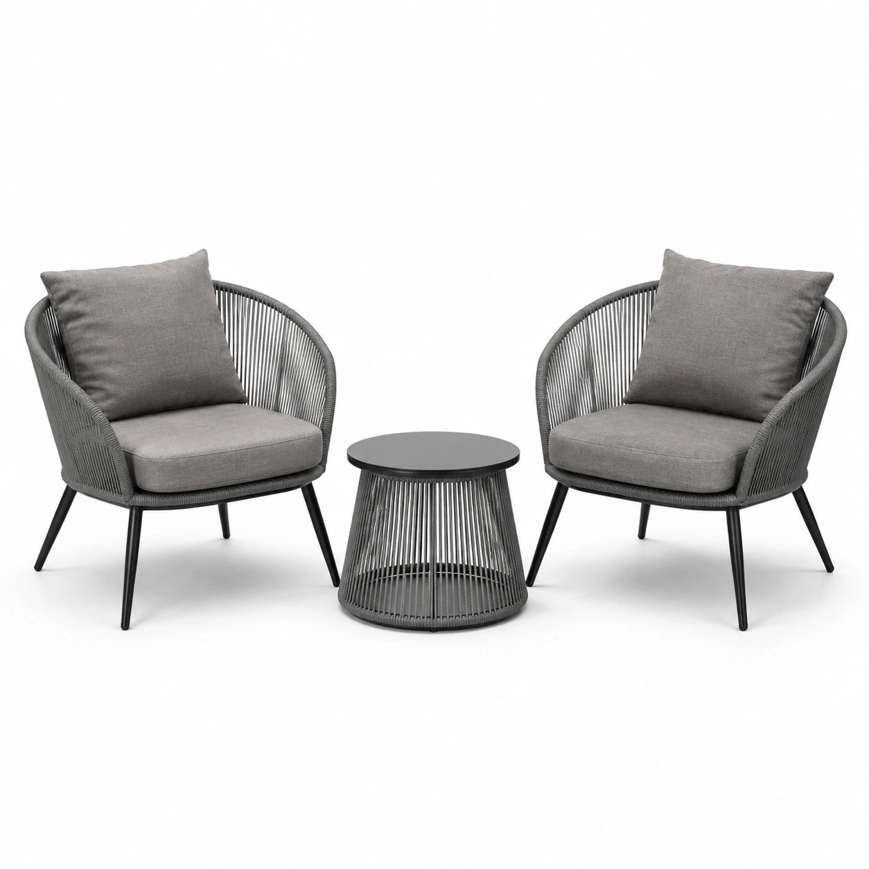 3-teiliges Set mit 2 Sesseln (76 × 76 × 82 cm) und rundem Beistelltisch (Ø 52 × 45 cm), Grau/Schwarz