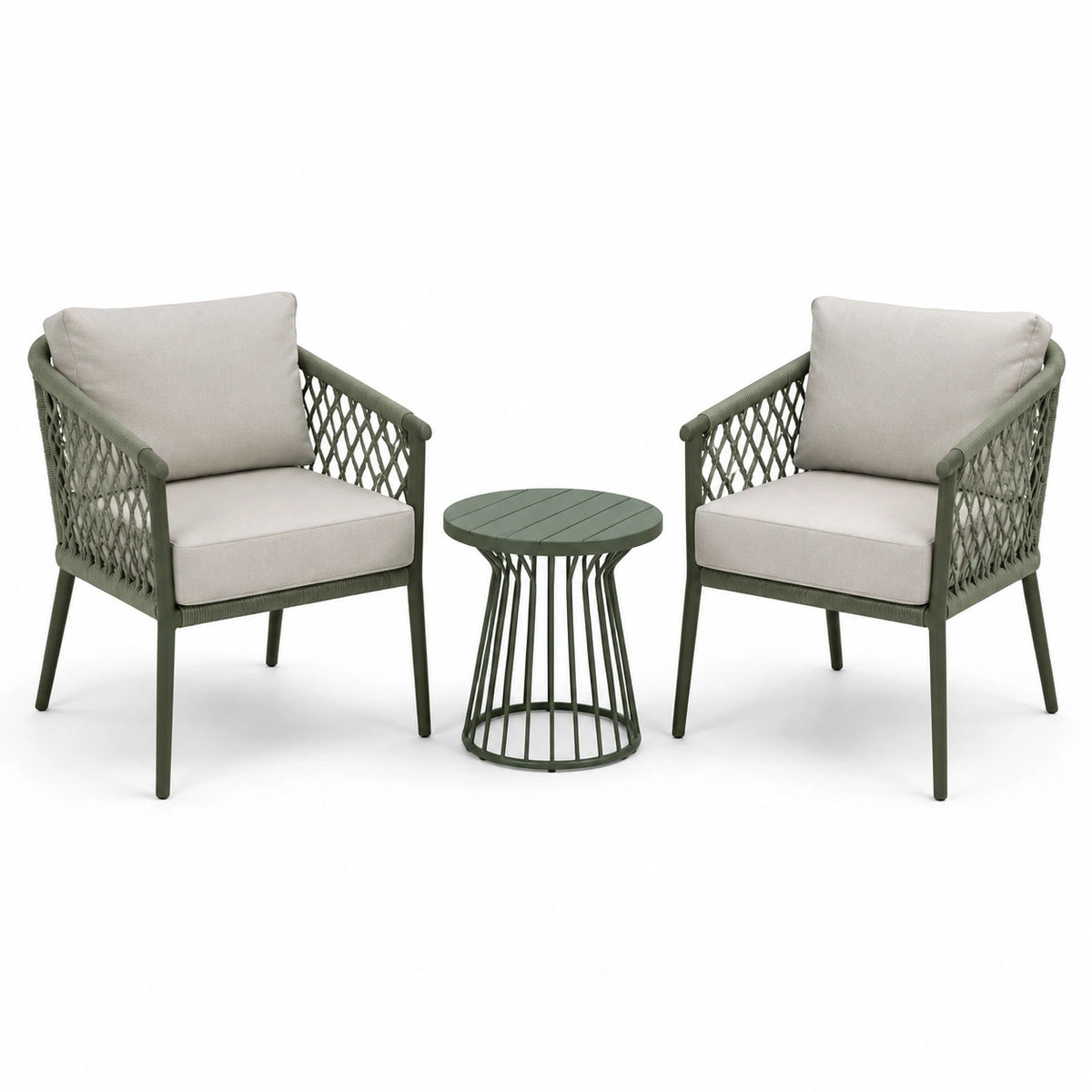 3-teiliges Gartenmöbelset mit 2 Gartensesseln 72 × 76 × 82 cm und Beistelltisch Ø 50 × 48 cm, Olivgrün/Beige