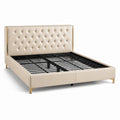 Polsterbett 220 × 190 × 120 cm für Matratze 180 × 200 cm, Beige mit Knopfheftung und goldfarbenen Metallakzenten
