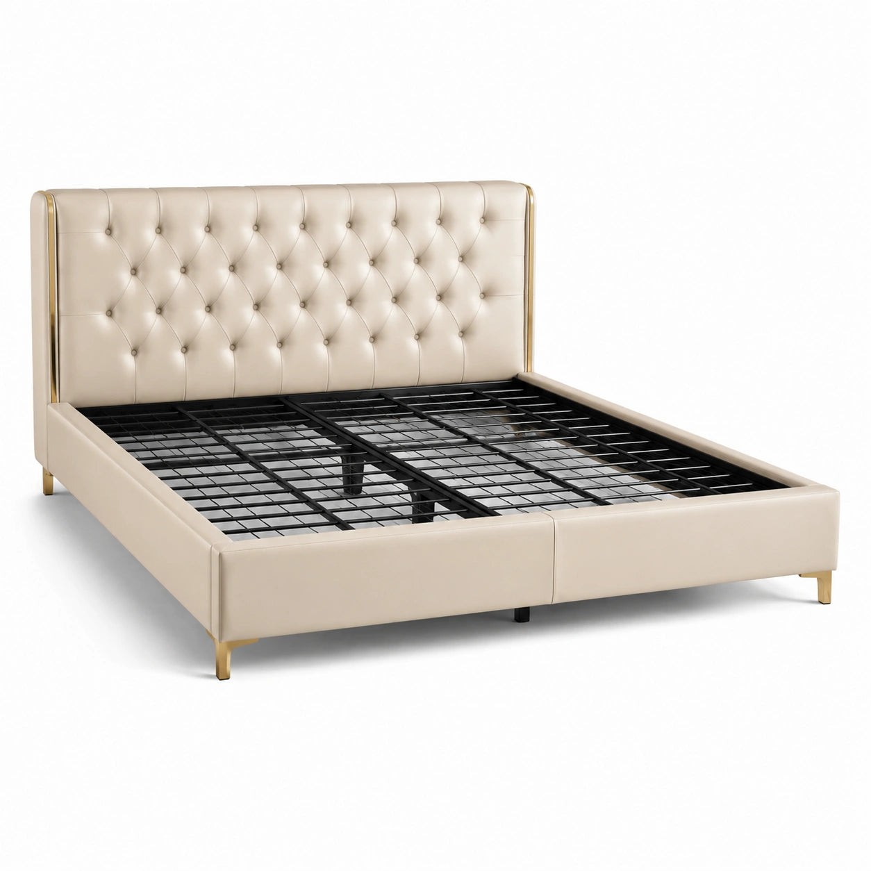 Polsterbett 220 × 190 × 120 cm für Matratze 180 × 200 cm, Beige mit Knopfheftung und goldfarbenen Metallakzenten