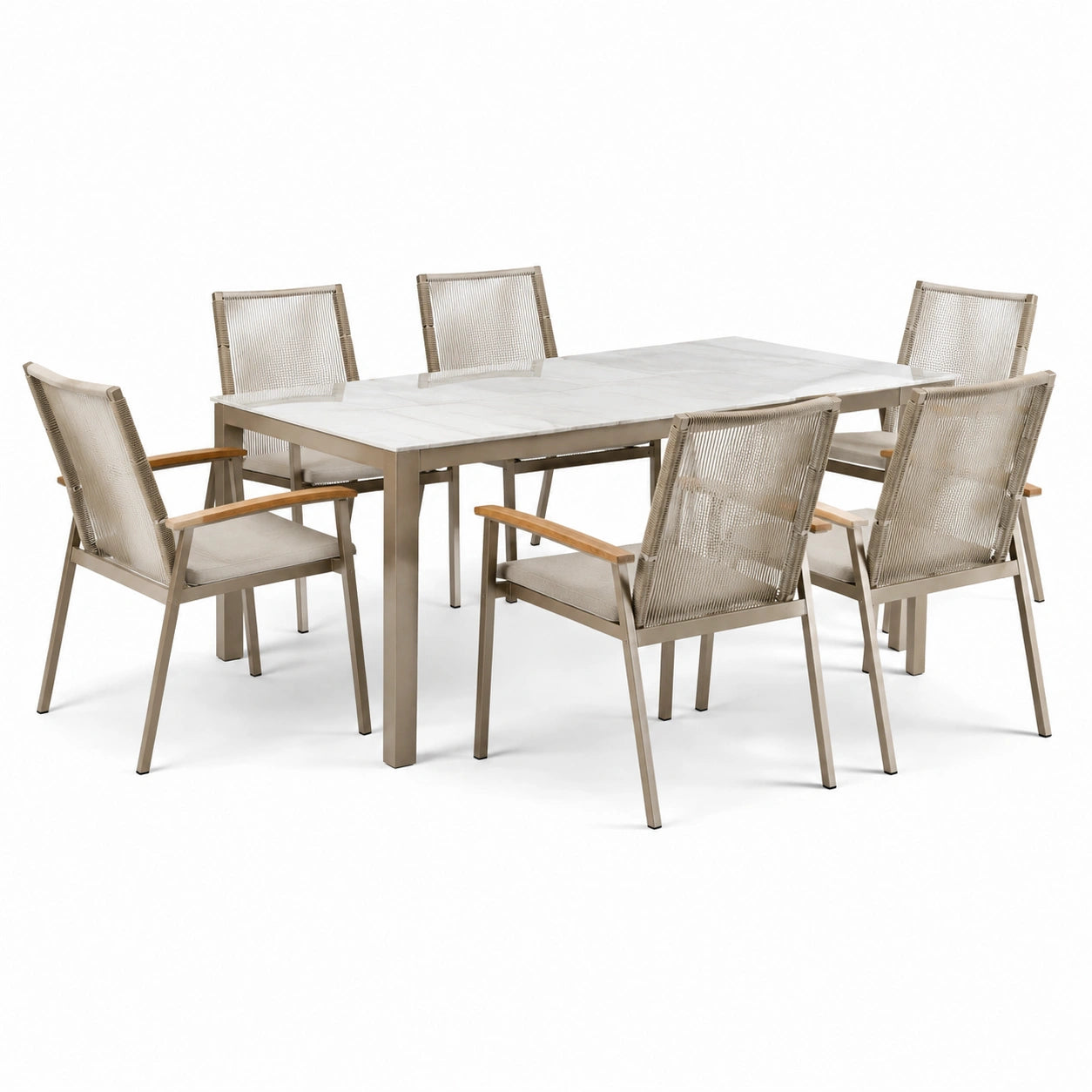 7-teiliges Gartenmöbel-Set Beige/Taupe/Braun, Tisch 180 × 100 × 75 cm und 6 Armlehnstühle 58 × 62 × 91 cm