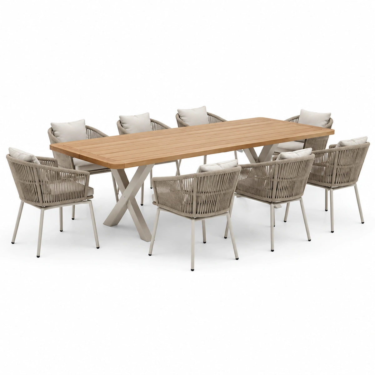 9-teiliges Gartenmöbel-Set mit Esstisch 220 × 100 × 75 cm und 8 Armlehnstühlen 60 × 61 × 82 cm, Natur/Taupe/Cremeweiß
