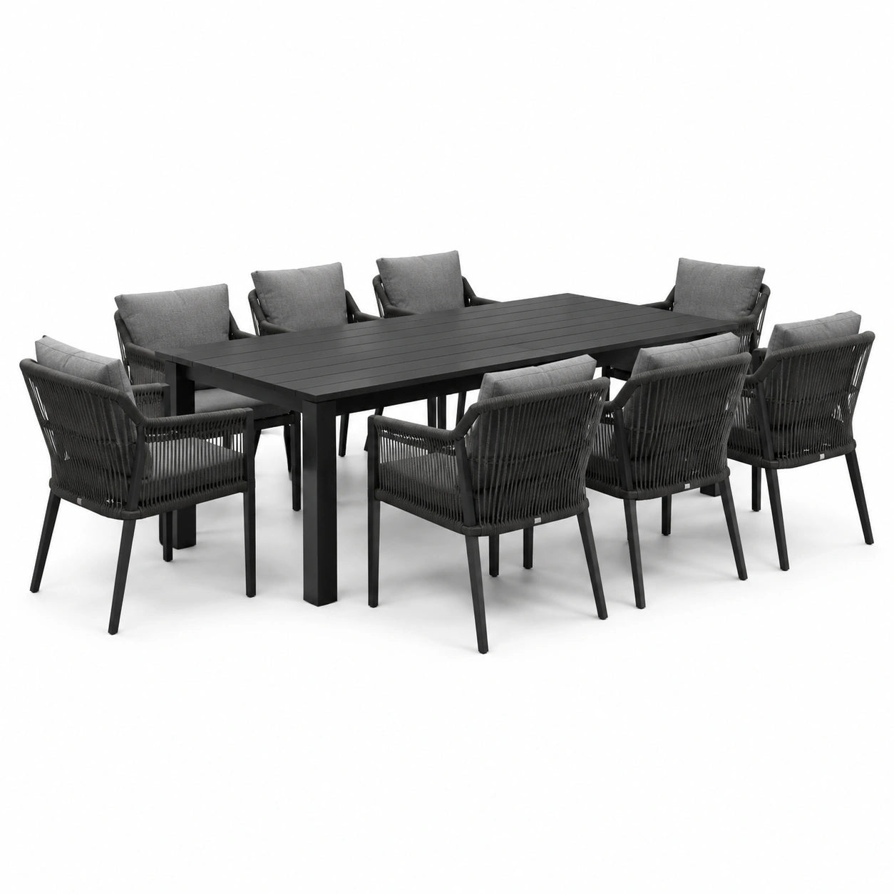 9-teiliges Gartenmöbel-Set mit Tisch 220 × 100 × 77,5 cm und 8 Armlehnstühlen 60 × 62 × 82 cm, Schwarz/Grau