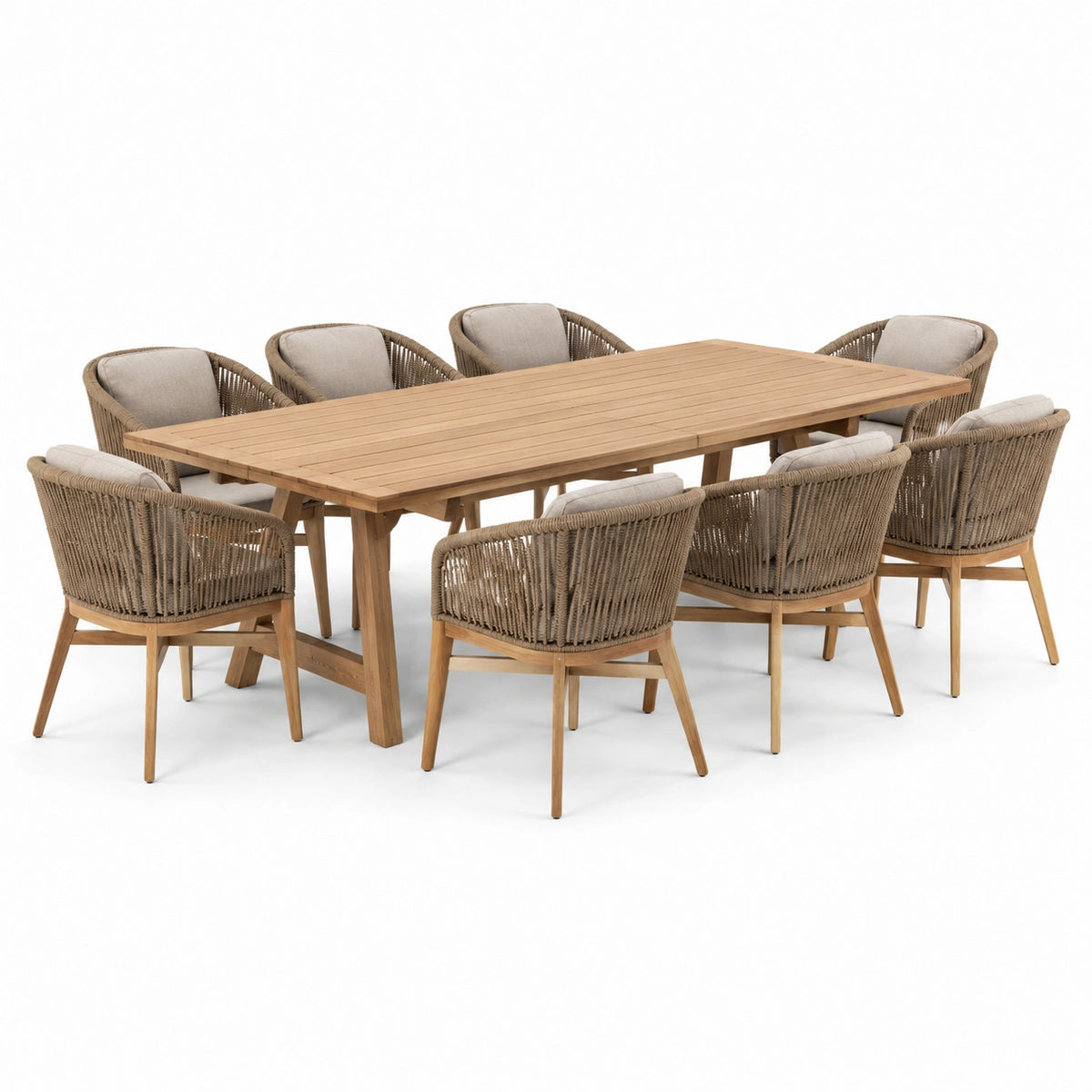 9-teiliges Gartenmöbel-Set für 8 Personen, Tisch 220 × 100 × 75 cm, Stühle 62 × 63 × 82 cm, Naturbraun/Taupe/Beige