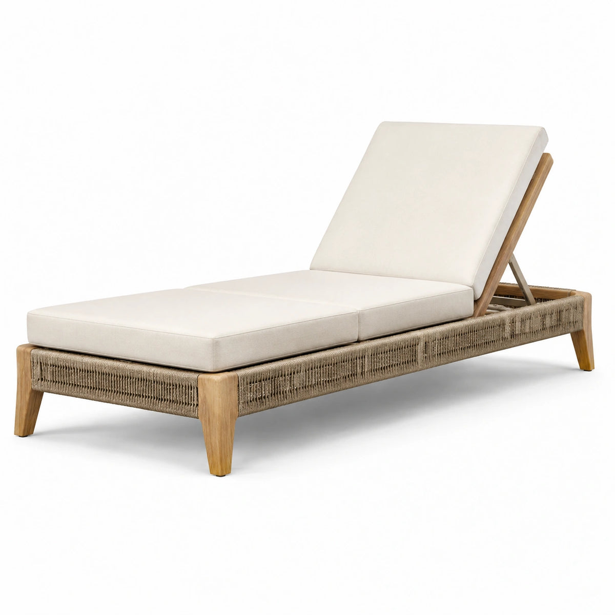Gartenliege aus Holz und Seilgeflecht mit verstellbarer Rückenlehne, 200 × 75 × 86 cm, Creme/Beige/Naturbraun