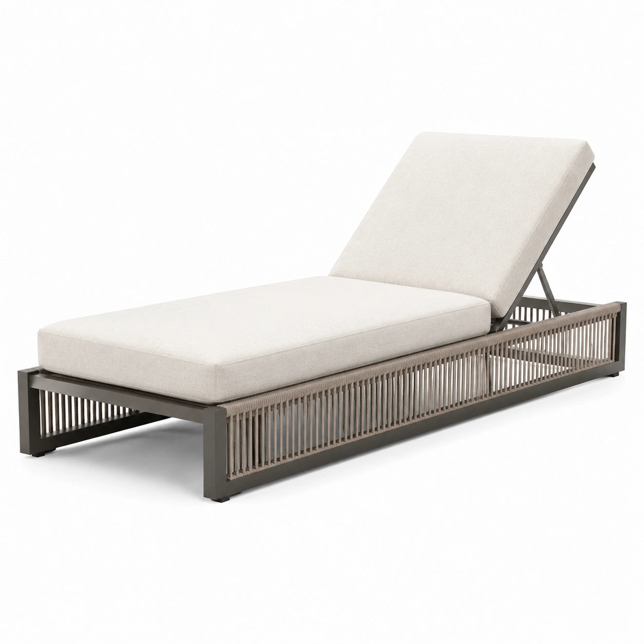 Gartenliege aus Metall und Textilgewebe, Beige/Anthrazit/Taupe, 200 × 75 × 90 cm, mit verstellbarer Rückenlehne und Seilbesatz