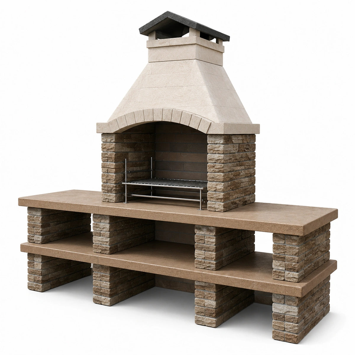 Grillkamin aus Betonwerkstein und Stahl mit Arbeitsflächen und Ablagen, Beige/Braun/Anthrazit, 300 × 80 × 250 cm