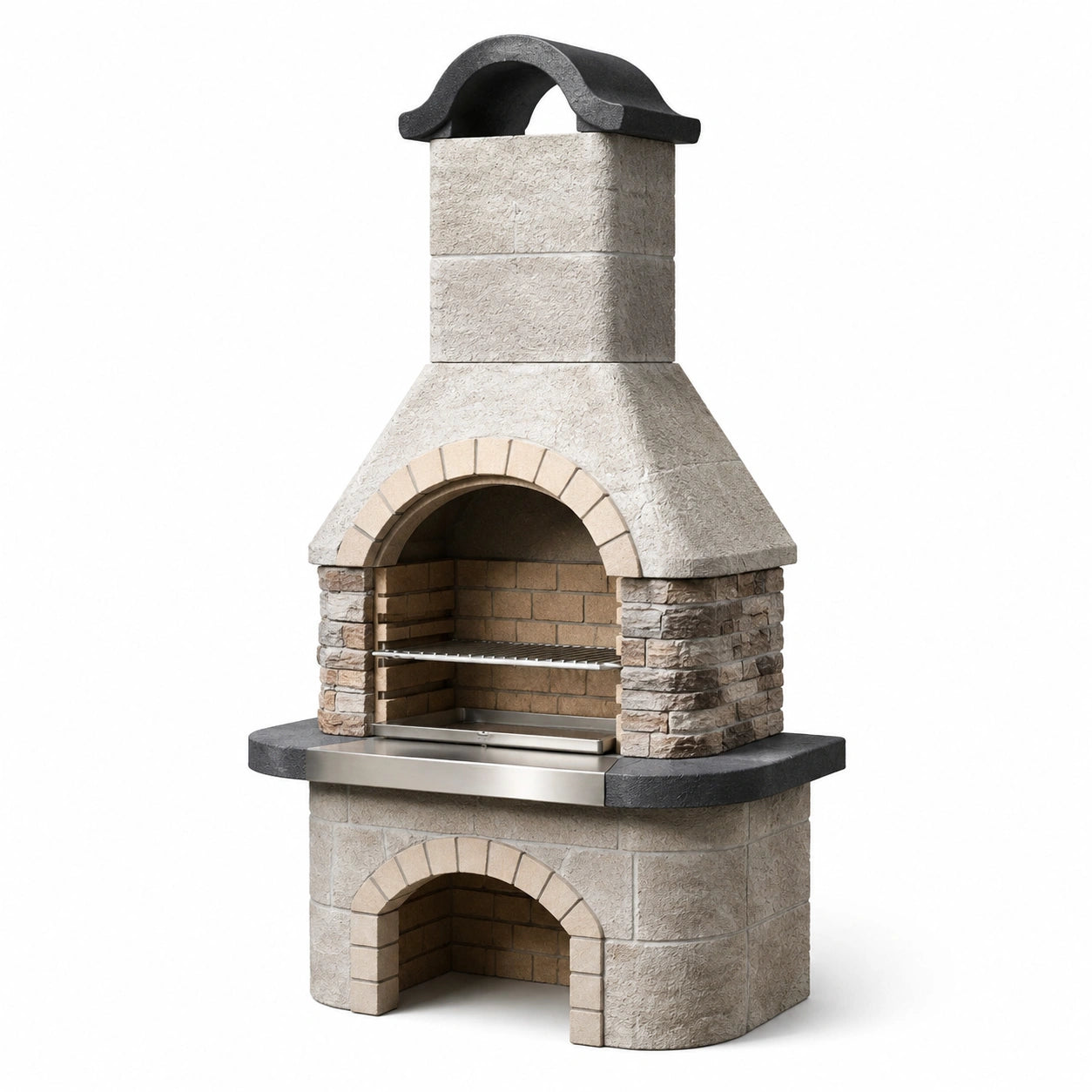 Holzkohlegrill aus Beton mit Kamin und Grillrost, Grau/Beige/Schwarz/Silber, 110 × 65 × 210 cm