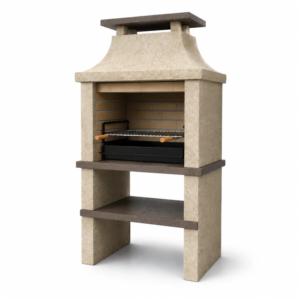 Grillkamin aus Betonwerkstein mit Grillrost und Ablage, 110 × 65 × 210 cm, Beige/Anthrazit/Schwarz/Braun
