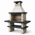 Gartenkamin aus Betonstein in Anthrazit/Beige/Weiß, 160 × 70 × 220 cm, mit höhenverstellbarem Grillrost und Ablage