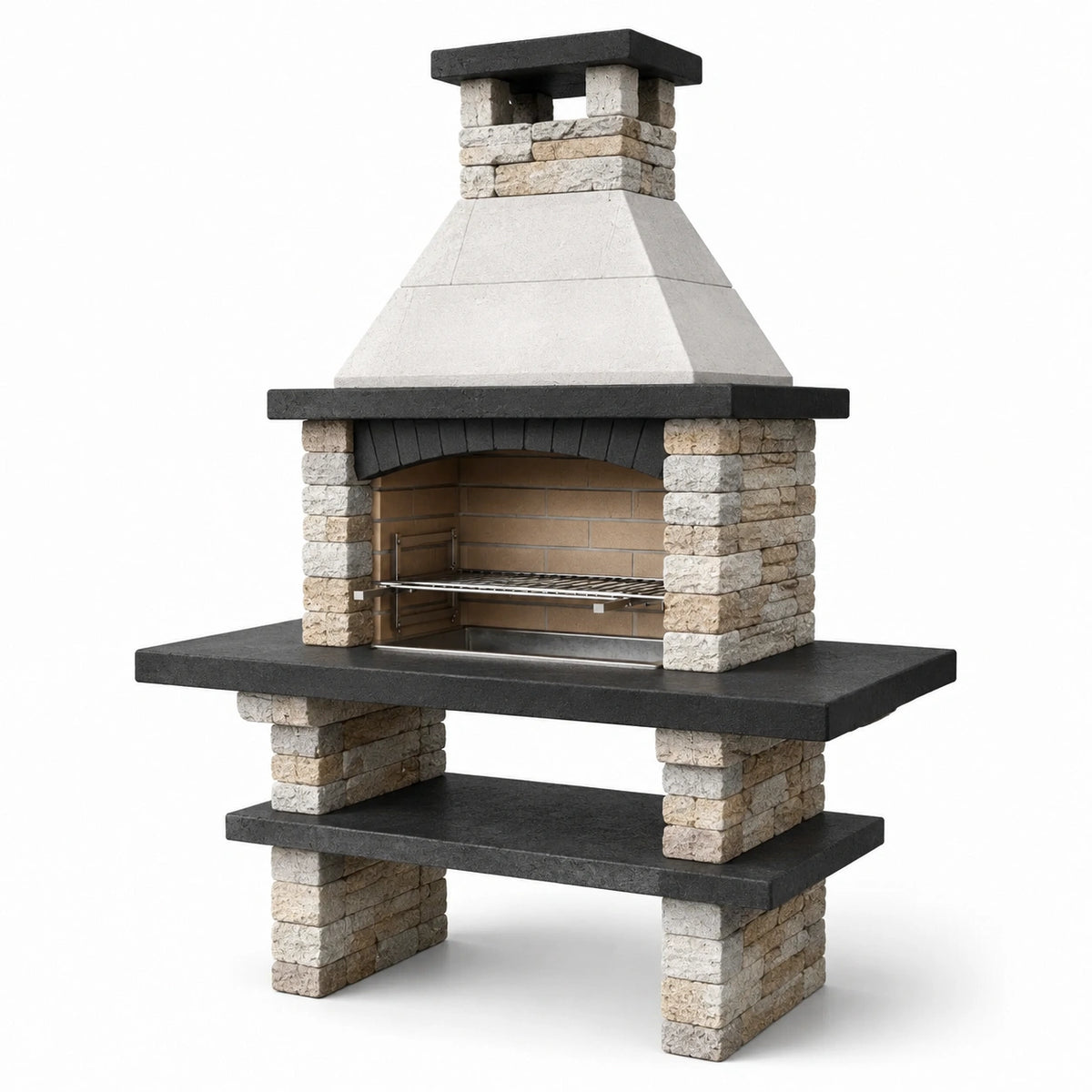 Gartenkamin aus Betonstein in Anthrazit/Beige/Weiß, 160 × 70 × 220 cm, mit höhenverstellbarem Grillrost und Ablage