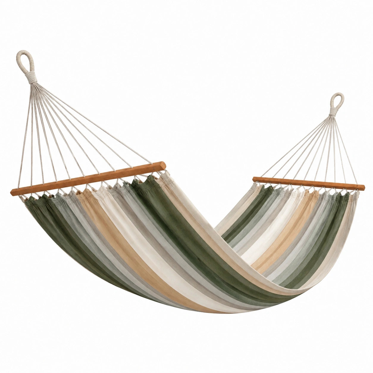 Gestreifte Hängematte mit Holzspreizstäben, 300 × 120 × 2 cm, Grün/Grau/Beige/Weiß/Braun