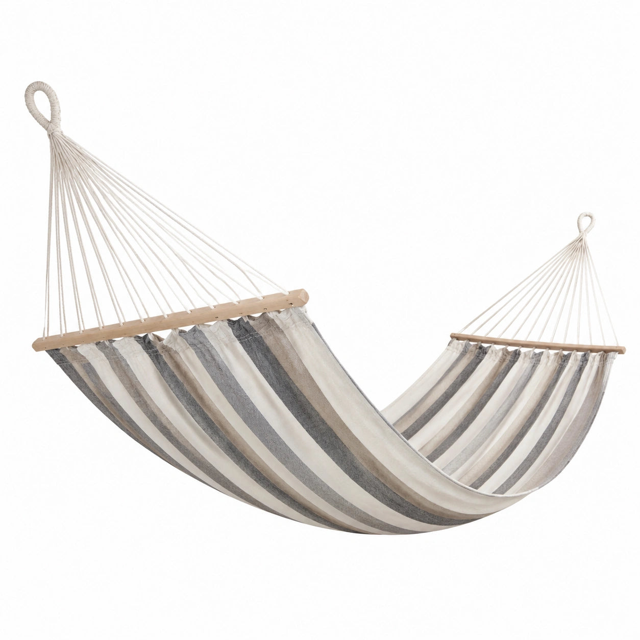 Gestreifte Hängematte mit Holzspreizstäben, 300 × 150 × 1 cm, Creme/Grau/Beige