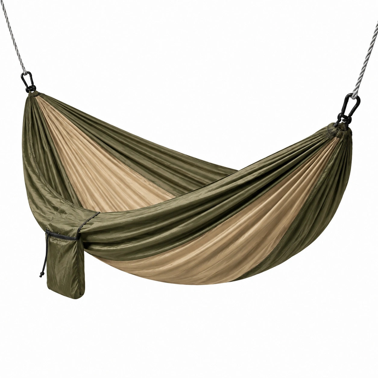 Tragbare Hängematte aus Synthetikgewebe, 275 × 140 × 1 cm, Olivgrün/Beige/Schwarz, für Camping, Garten und Terrasse